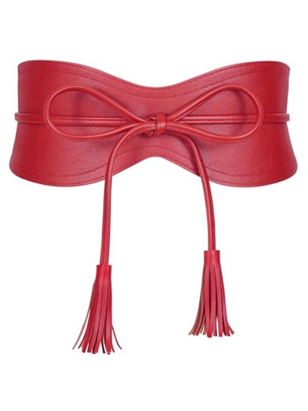 Women Red Wide Belt for Dress Vegan Leather Obi Belt Waistband with Tassel Tie